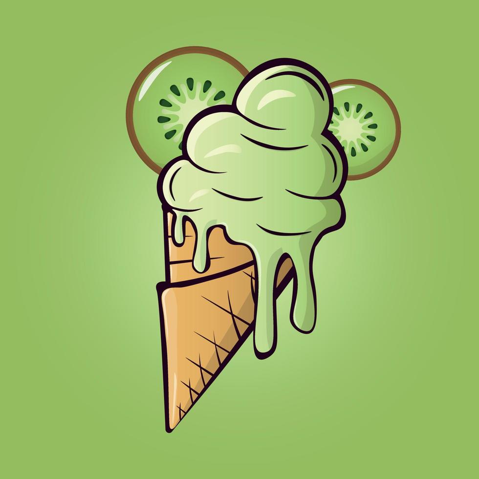 Melting kiwi ice cream balls with slices in the waffle cone isolated on green background. Vector flat outline icon. Comic character in cartoon style illustration