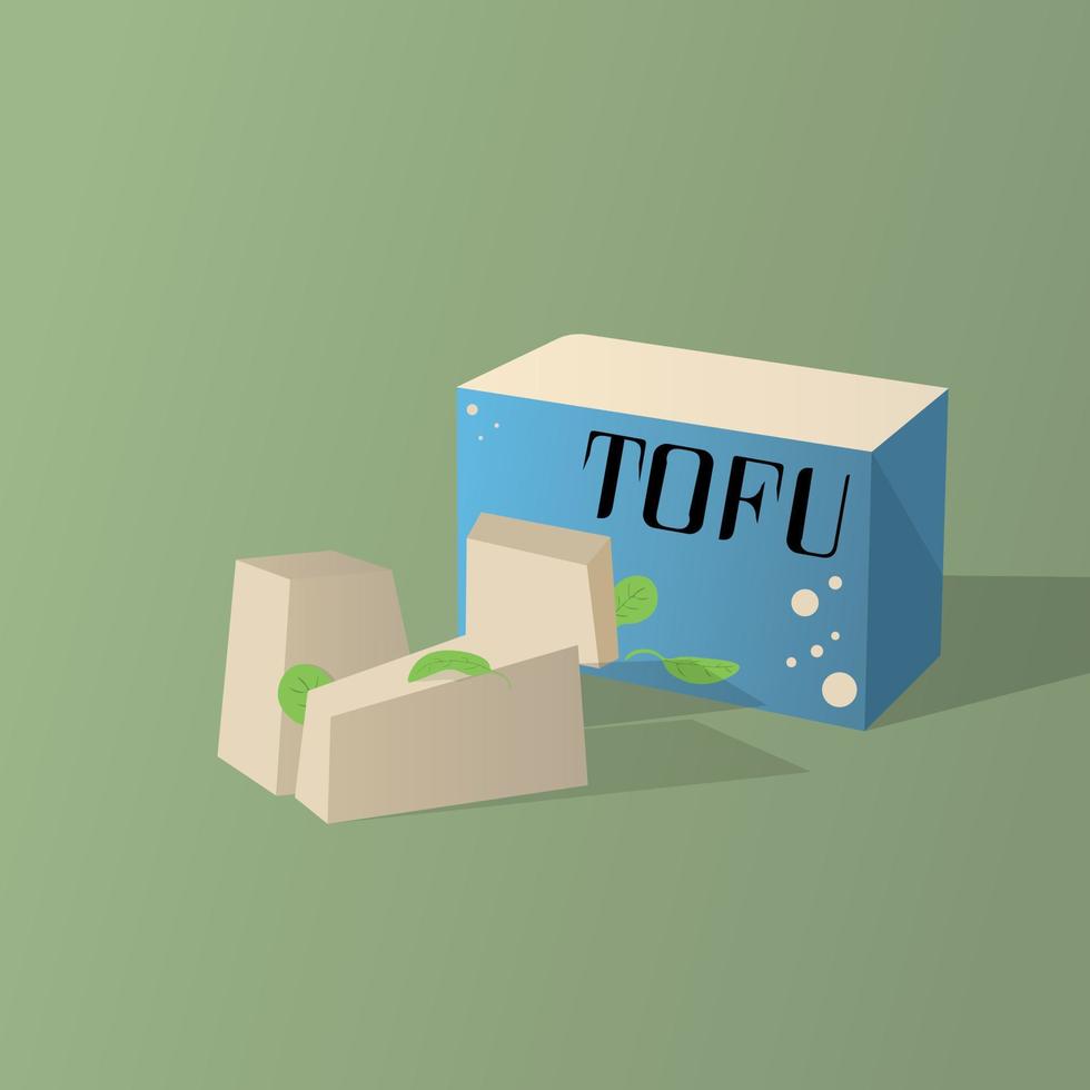 composición de tofu en rodajas. queso de soja orgánico vegano en paquete aislado sobre fondo blanco. ilustración de dibujos animados de vector plano de cuajada de frijol lácteo. comida asiática tradicional para vegetarianos