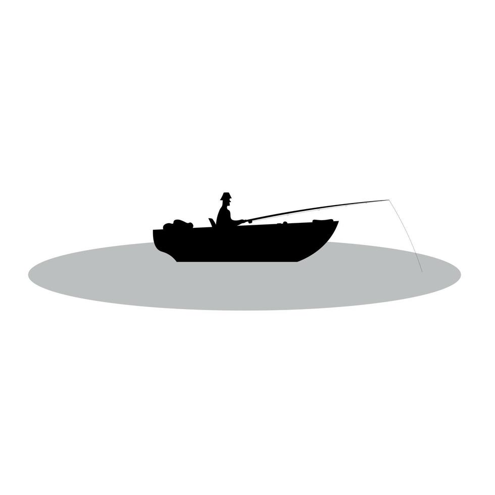 Black silhouette of a fisherman sitting in a boat and fishing with a rod. Vector illustration isolated on white background