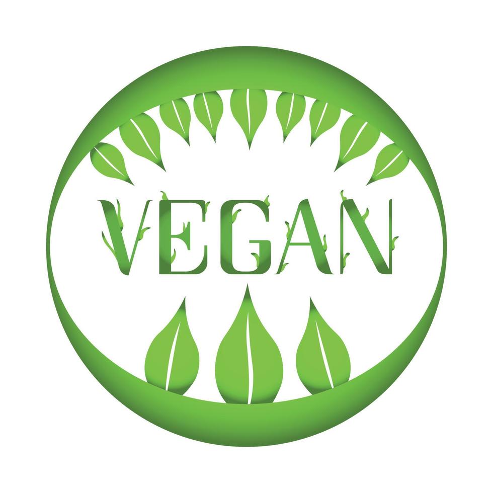 icono de vector vegano. símbolo orgánico, bio, eco. comida vegana, sin carne, sin lactosa, sana, fresca y no violenta. Ilustración de vector verde redondo con hojas para pegatinas, etiquetas y logotipos