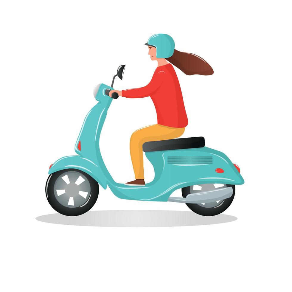 Female motorcyclist riding on blue scooter motorbike. Young woman using motorcycle transport for travel and trip. Flat cartoon vector illustration isolated on white.