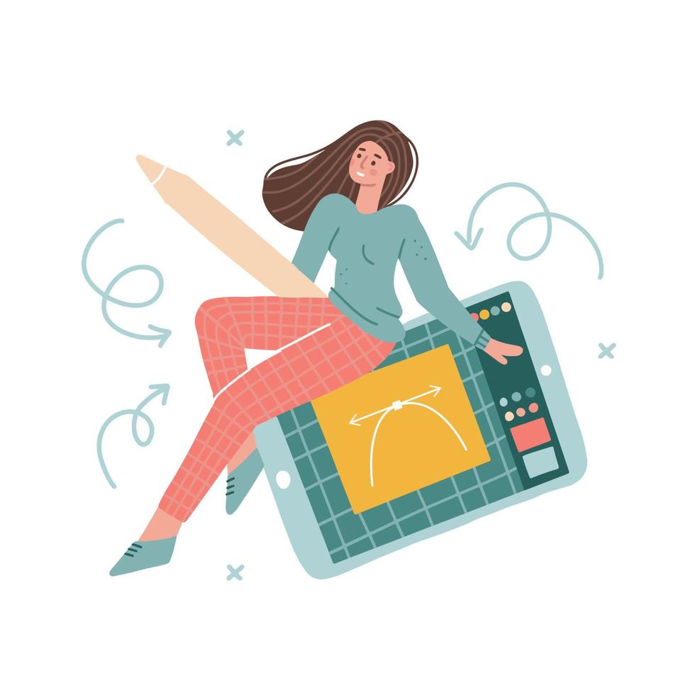 Graphic designer female character, concept profession digital artist, illustrator. Cute girl artist sitting on big tablet with stylus in hand. Vector flat hand drawn illustration