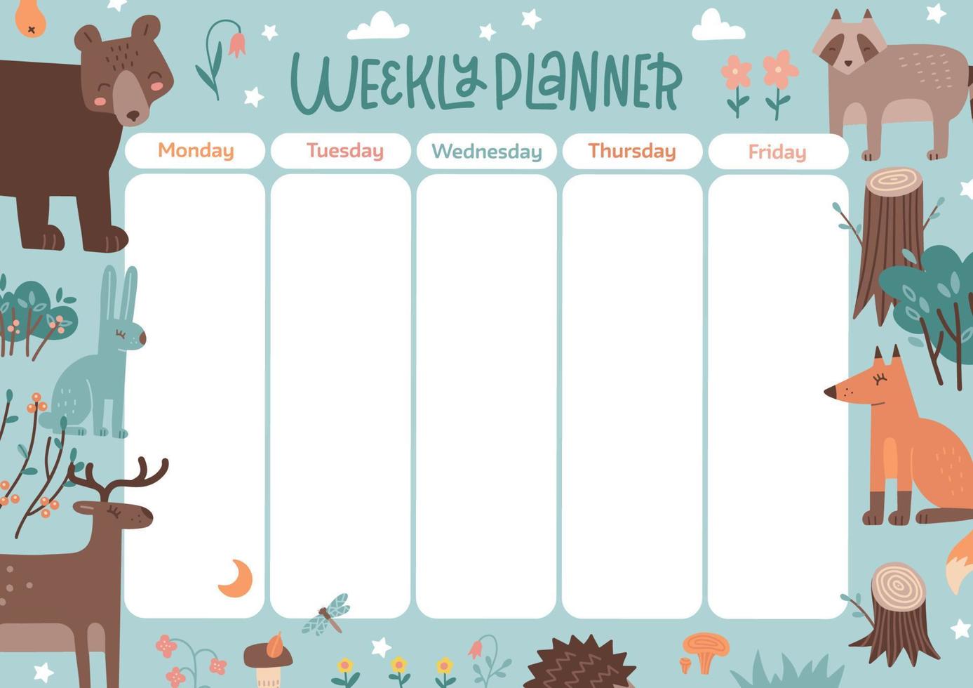 Weekly planner for kids with woodland animals. Children's school schedule in forest life theme. 5 days of the week. Vector hand drawn illustration. A4 size printable template 7969091 Vector Art at Vecteezy weekly-planner-for-kids-with-woodland-animals-children-s-school-schedule-in-forest-life-theme-5-days-of-the-week-vector-hand-drawn-illustration-a4-size-printable-template-7969091-vector-art-at-vecteezy