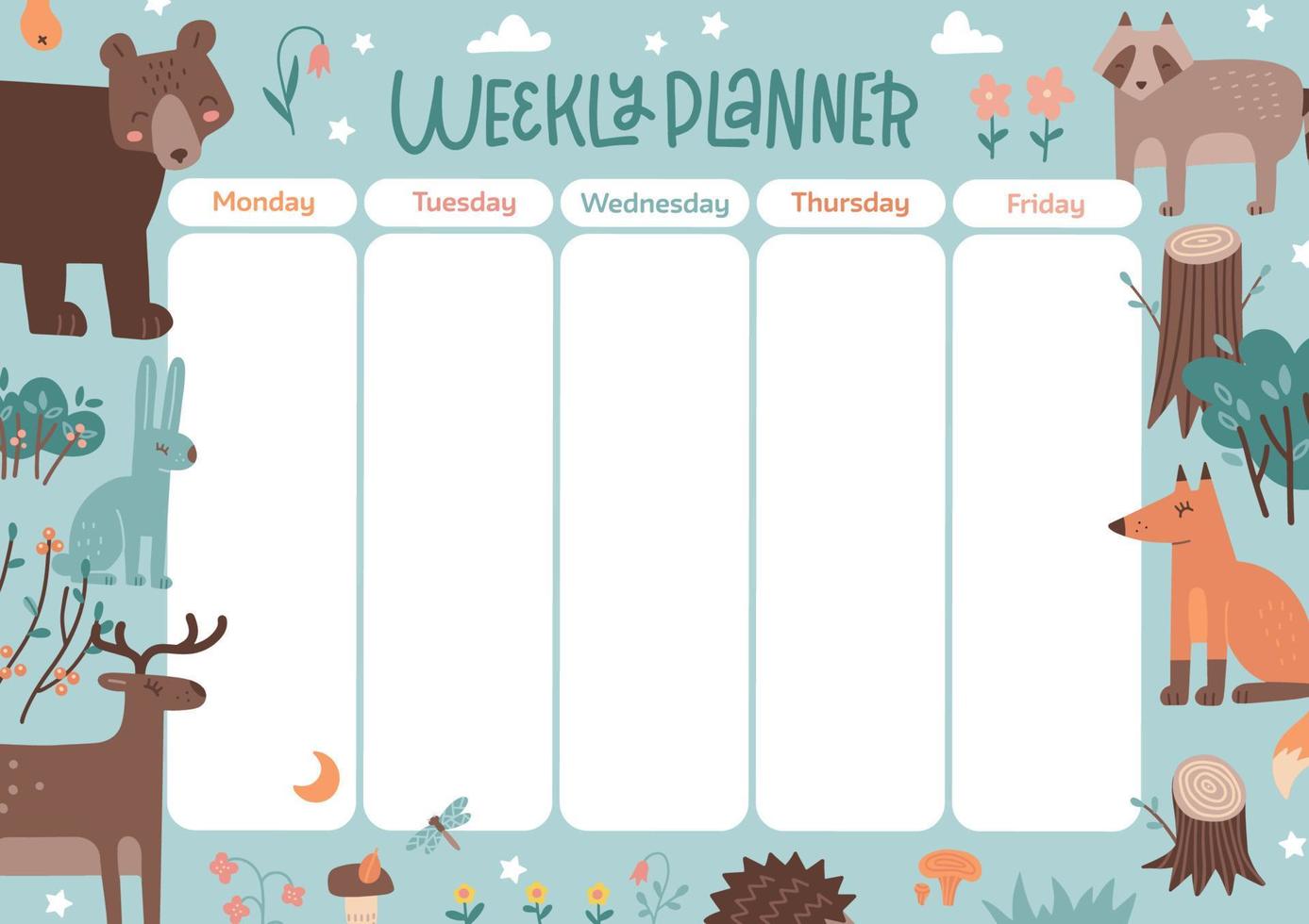 Weekly planner for kids with woodland animals. Children's school schedule in forest life theme. 5 days of the week. Vector hand drawn illustration. A4 size printable template