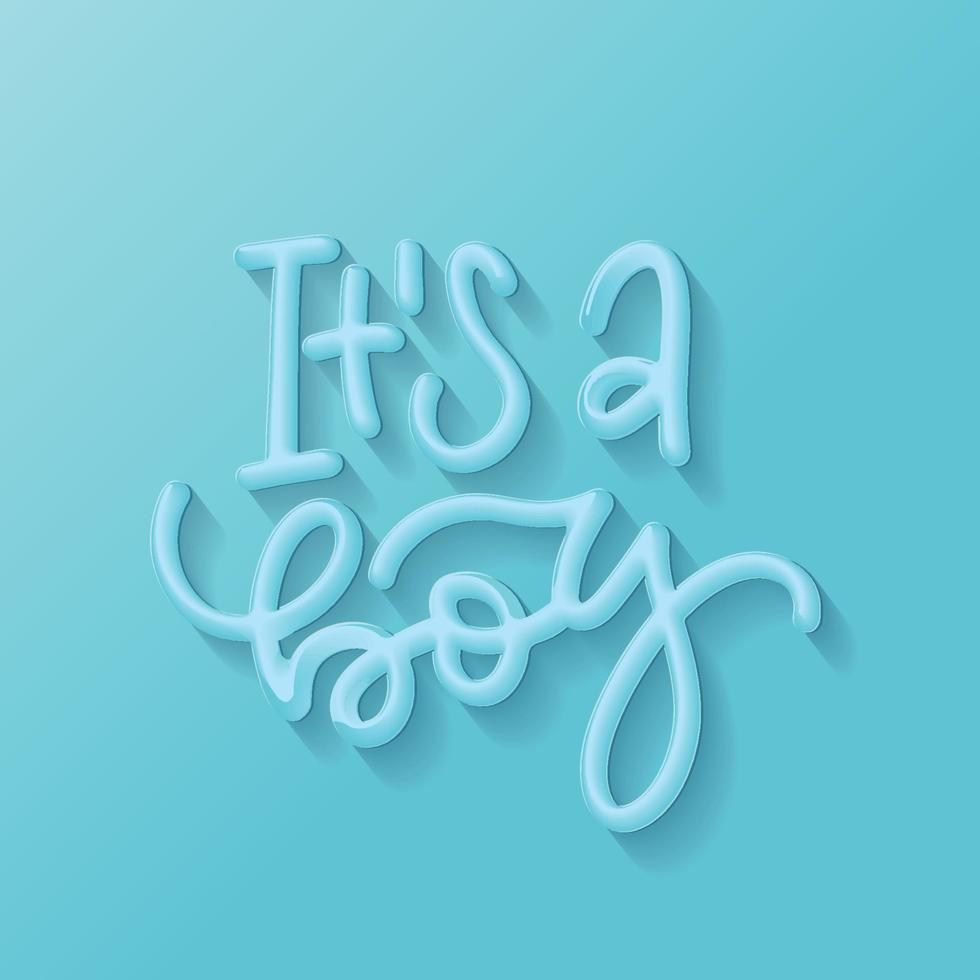 3d realistic lettering text of It s A Boy for invitation on the light blue background. Concept of newborn baby celebration and predictions. Vector typographic illustration for card, banner, poster