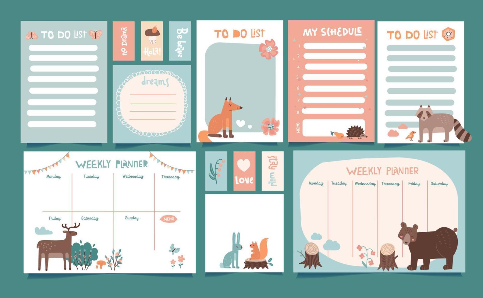 Big set of Weekly planner, tag, schedule and to do list with cute forest wild animals . Vector hand drawn illustration. A4 size printable template