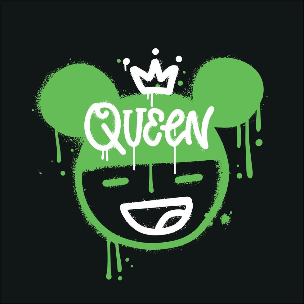 Cool girl with crown - Urban street graffiti style with textured lettering Queen. Trendy girl drawn with splash effect and drops. Print for graphic tee, sweatshirt. Vector hand drawn illustration.