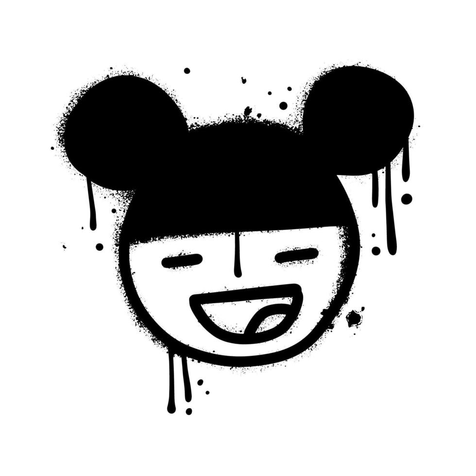 cara sonriente de chica cool - estilo de graffiti callejero urbano. chica de moda dibujada con efecto de salpicadura y gotas. cabello negro, fondo blanco. estampado para camiseta gráfica, sudadera. ilustración vectorial dibujada a mano. vector