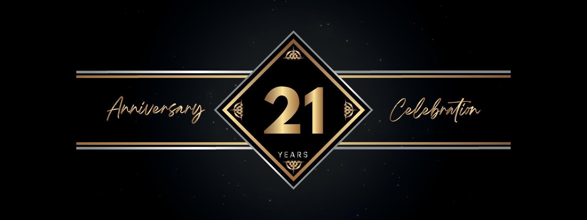 Color dorado de aniversario de 21 años con marco decorativo aislado en fondo negro para evento de celebración de aniversario, fiesta de cumpleaños, folleto, tarjeta de felicitación. diseño de plantilla de aniversario de 21 años vector