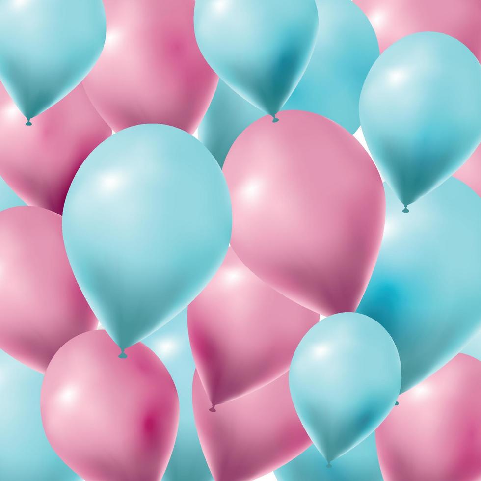 Gender reveal party background with many pink and blue 3d balloons. Ornate vector square backdrop with flying helium balls.