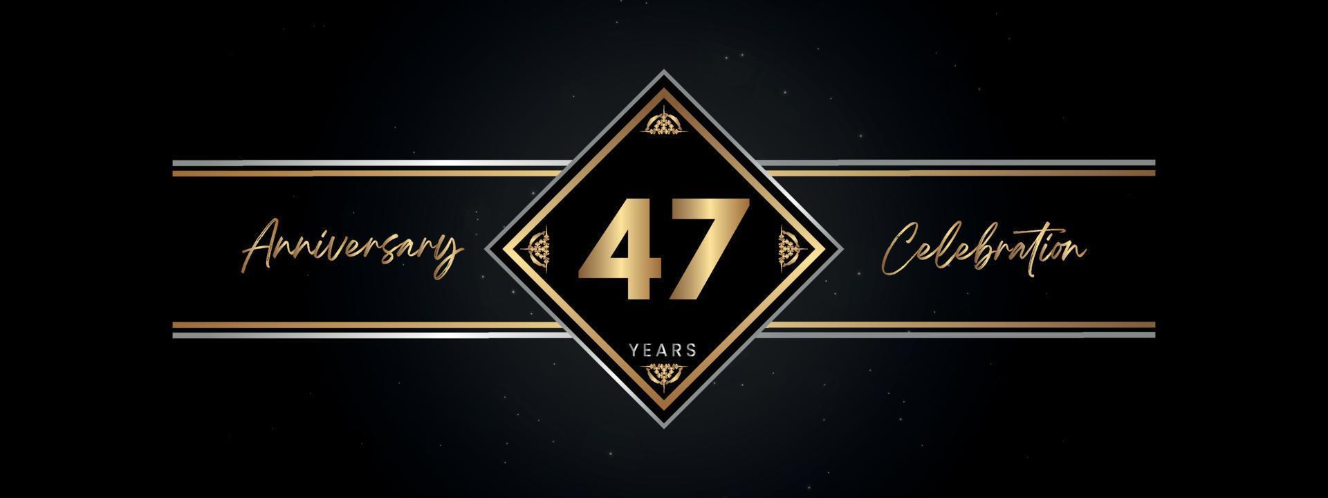 47 años de color dorado de aniversario con marco decorativo aislado en fondo negro para el evento de celebración de aniversario, fiesta de cumpleaños, folleto, tarjeta de felicitación. diseño de plantilla de aniversario de 47 años vector