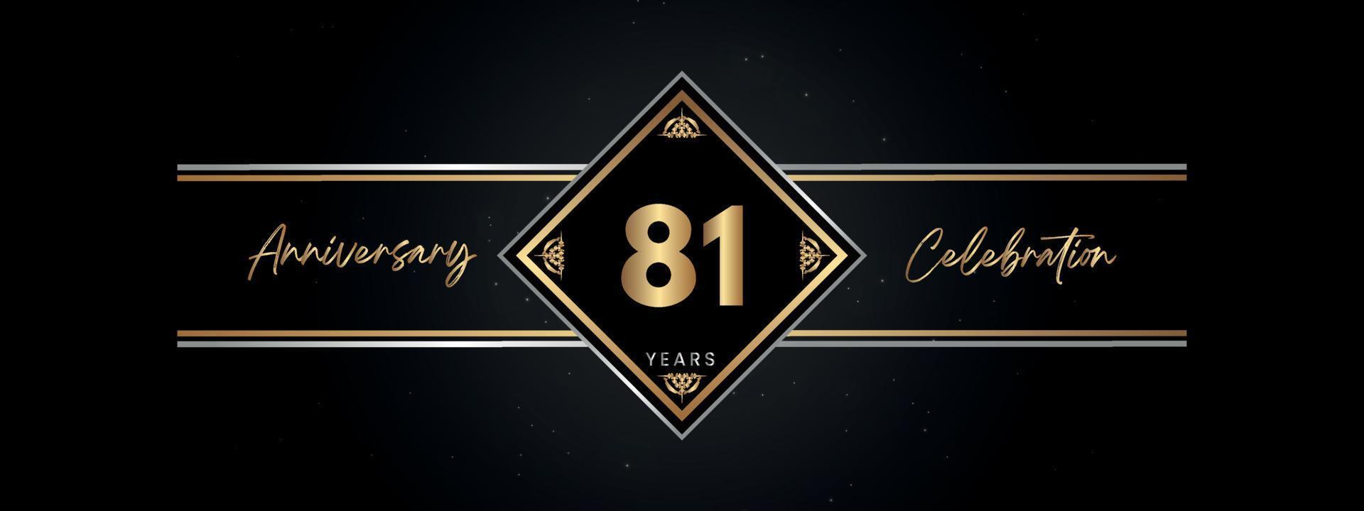 81 años de color dorado de aniversario con marco decorativo aislado en fondo negro para el evento de celebración de aniversario, fiesta de cumpleaños, folleto, tarjeta de felicitación. diseño de plantilla de aniversario de 81 años vector