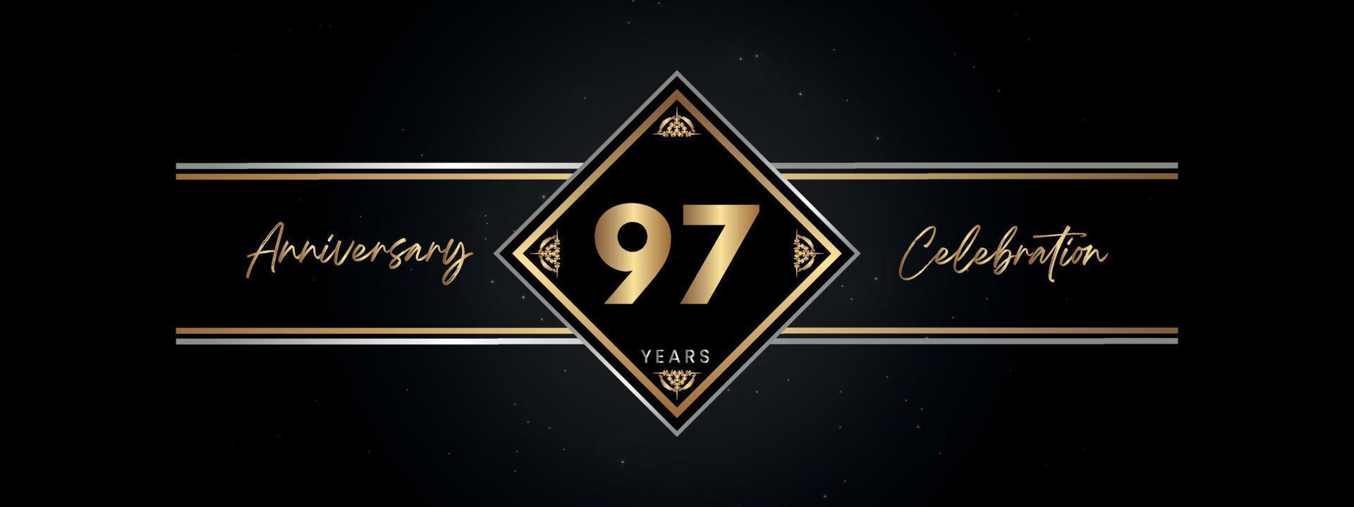 Color dorado de aniversario de 97 años con marco decorativo aislado en fondo negro para evento de celebración de aniversario, fiesta de cumpleaños, folleto, tarjeta de felicitación. diseño de plantilla de aniversario de 97 años vector