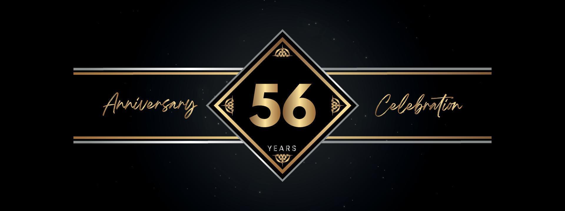 56 años de color dorado de aniversario con marco decorativo aislado en fondo negro para el evento de celebración de aniversario, fiesta de cumpleaños, folleto, tarjeta de felicitación. diseño de plantilla de aniversario de 56 años vector