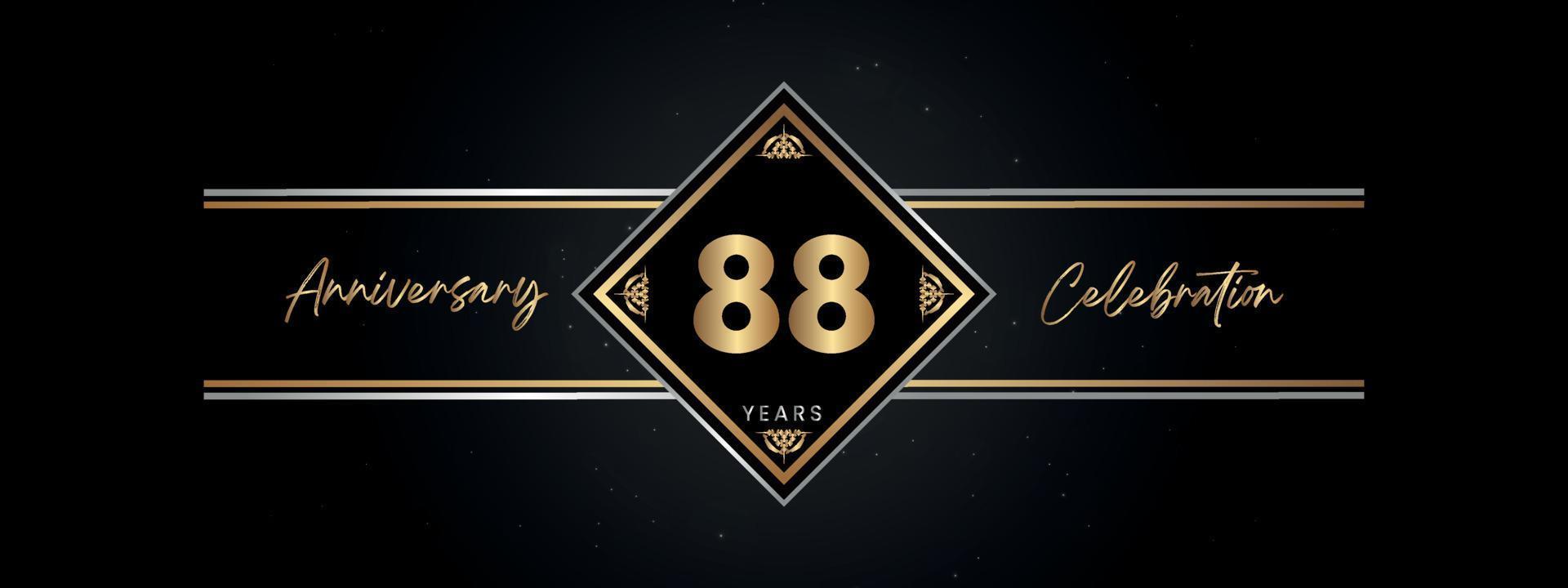 Color dorado de aniversario de 88 años con marco decorativo aislado en fondo negro para evento de celebración de aniversario, fiesta de cumpleaños, folleto, tarjeta de felicitación. diseño de plantilla de aniversario de 88 años vector