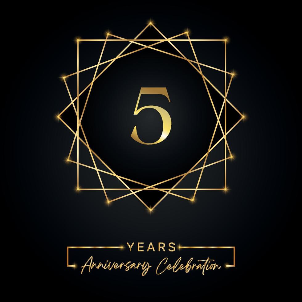 Diseño de celebración de aniversario de 5 años. Logotipo de 5 aniversario con marco dorado aislado sobre fondo negro. diseño vectorial para evento de celebración de aniversario, fiesta de cumpleaños, tarjeta de felicitación. vector