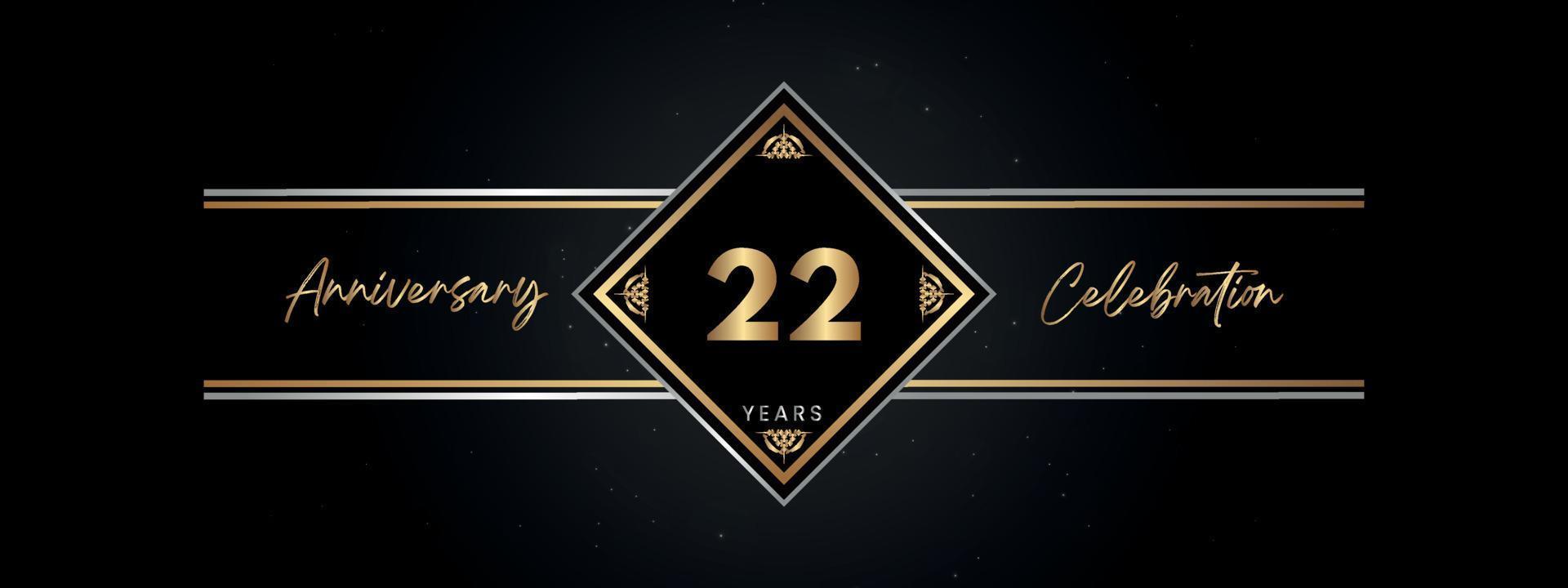 22 años de color dorado de aniversario con marco decorativo aislado en fondo negro para el evento de celebración de aniversario, fiesta de cumpleaños, folleto, tarjeta de felicitación. diseño de plantilla de aniversario de 22 años vector