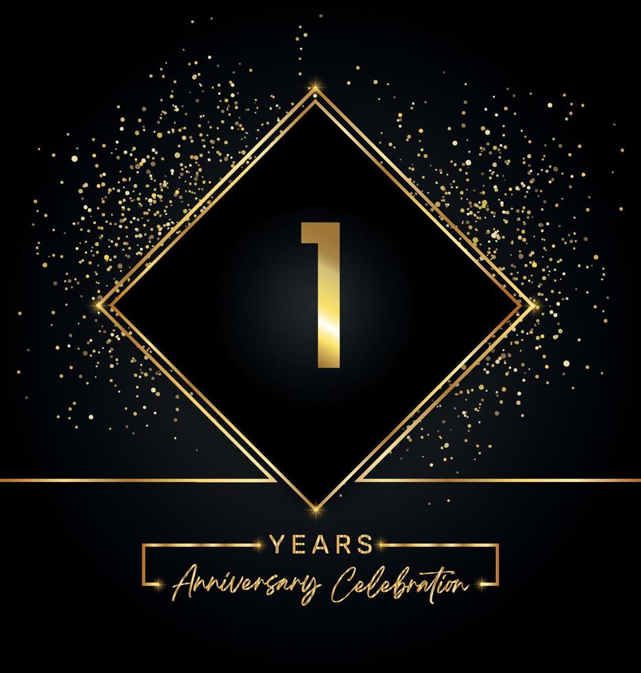 Celebración del aniversario de 1 año con marco dorado y brillo dorado sobre fondo negro. diseño vectorial para tarjetas de felicitación, fiesta de cumpleaños, boda, fiesta de eventos, invitación. Logotipo de aniversario de 1 año. vector