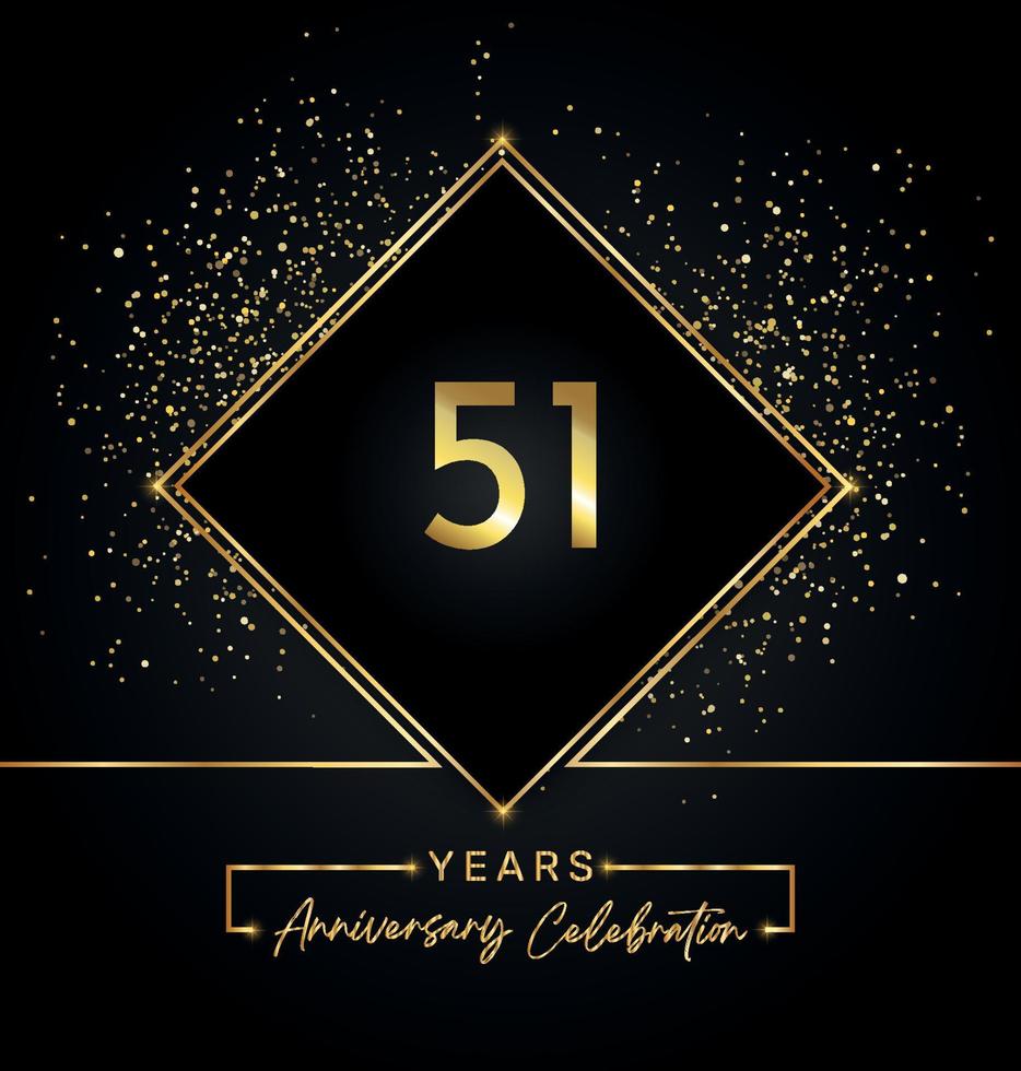 51 years anniversary celebration with golden frame and gold glitter on black background. Vector design for greeting card, birthday party, wedding, event party, invitation. 51 years Anniversary logo.