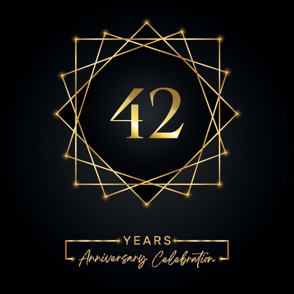 Diseño de celebración de aniversario de 42 años. Logotipo del 42 aniversario con marco dorado aislado en fondo negro. diseño vectorial para evento de celebración de aniversario, fiesta de cumpleaños, tarjeta de felicitación. vector