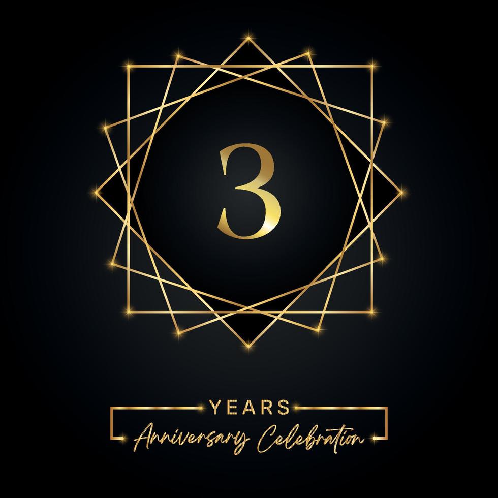 3 years Anniversary Celebration Design. 3 anniversary logo with golden frame isolated on black background. Vector design for anniversary celebration event, birthday party, greeting card.