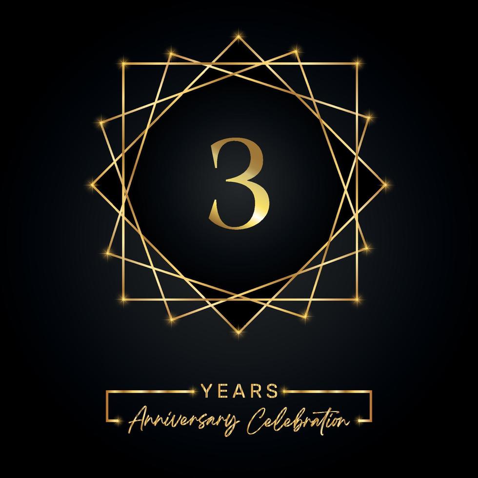 Diseño de celebración de aniversario de 3 años. Logotipo de 3 aniversario con marco dorado aislado sobre fondo negro. diseño vectorial para evento de celebración de aniversario, fiesta de cumpleaños, tarjeta de felicitación. vector