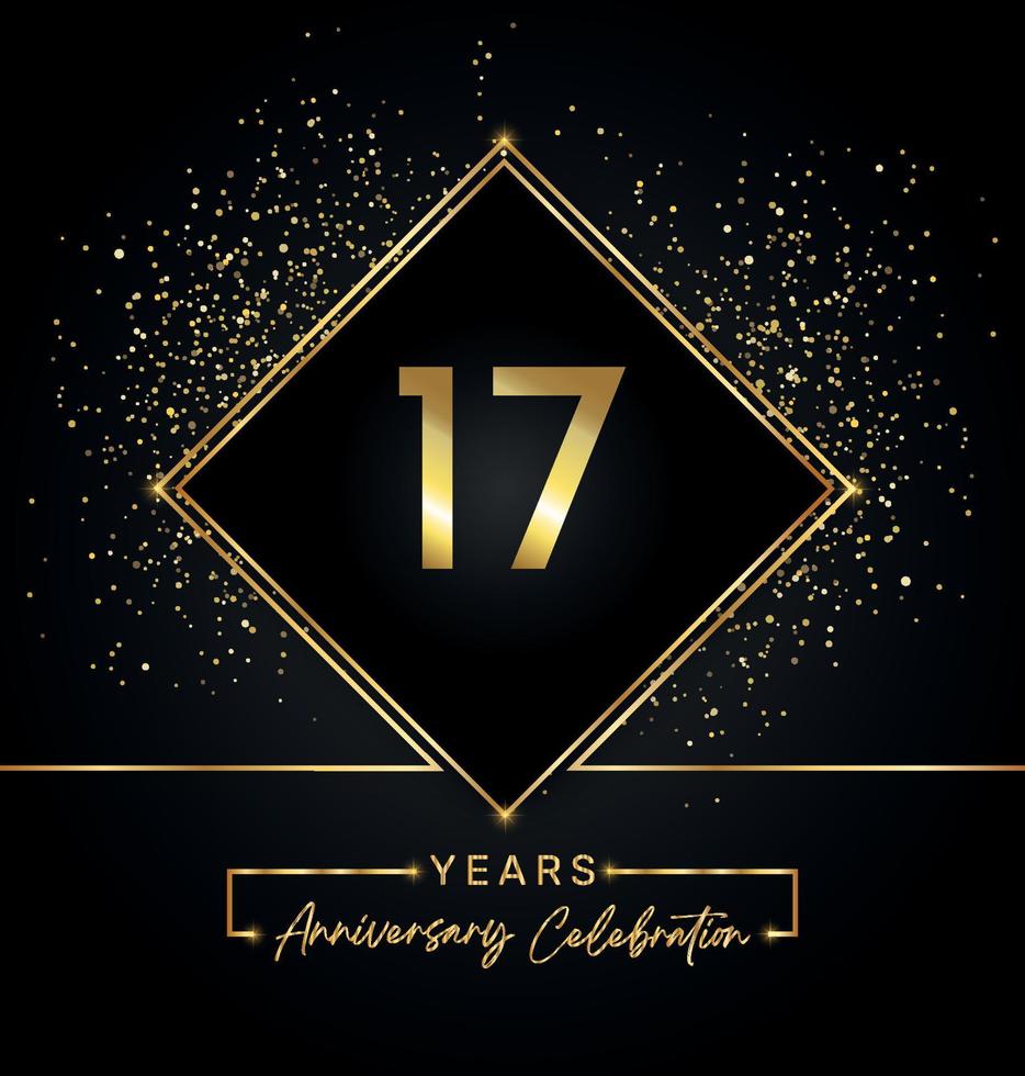 17 years anniversary celebration with golden frame and gold glitter on black background. Vector design for greeting card, birthday party, wedding, event party, invitation. 17 years Anniversary logo.