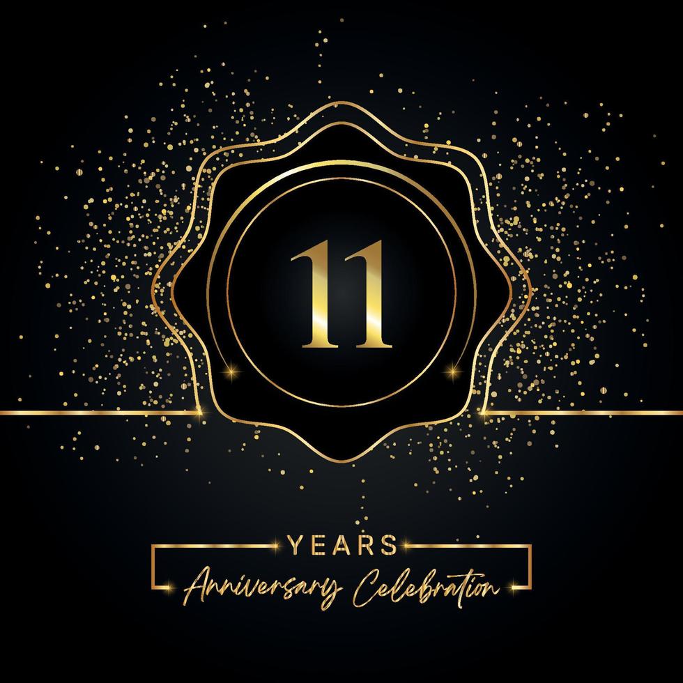 11 years anniversary celebration with golden star frame isolated on black background. Vector design for greeting card, birthday party, wedding, event party, invitation card. 11 years Anniversary logo.