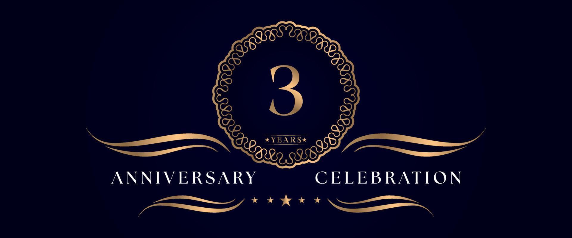 3 years anniversary celebration with elegant circle frame isolated on dark blue background. Vector design for greeting card, birthday party, wedding, event party, ceremony. 3 years Anniversary logo.