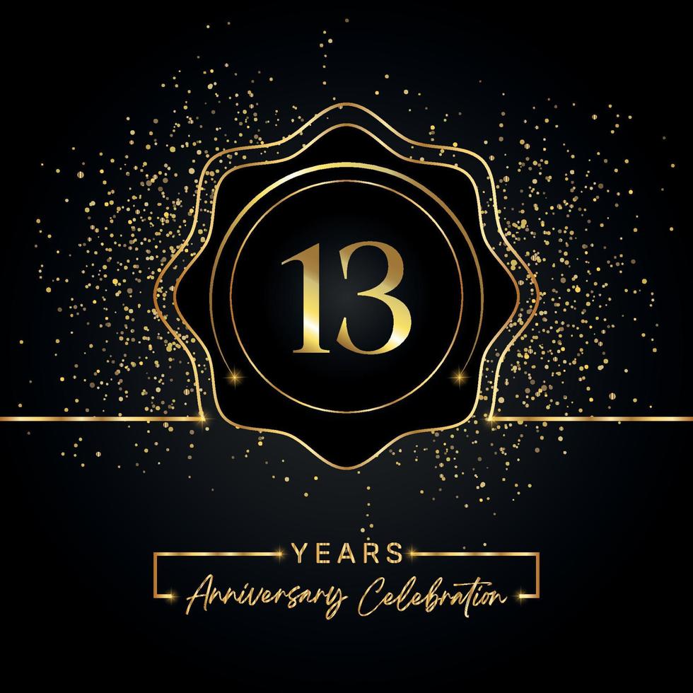 Celebración del aniversario de 13 años con marco de estrella dorada aislado en fondo negro. diseño vectorial para tarjeta de felicitación, fiesta de cumpleaños, boda, fiesta de evento, tarjeta de invitación. Logotipo de aniversario de 13 años. vector