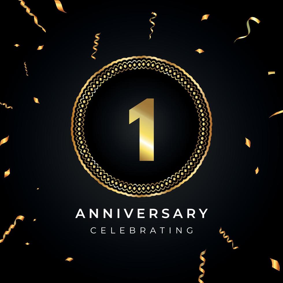 1 years anniversary celebration with circle frame and gold confetti isolated on black background. Vector design for greeting card, birthday party, wedding, event party. 1 years Anniversary logo.