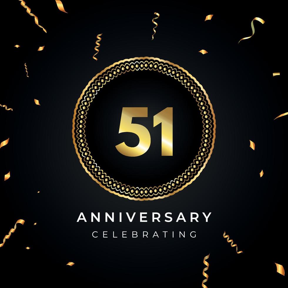 51 years anniversary celebration with circle frame and gold confetti isolated on black background. Vector design for greeting card, birthday party, wedding, event party. 51 years Anniversary logo.