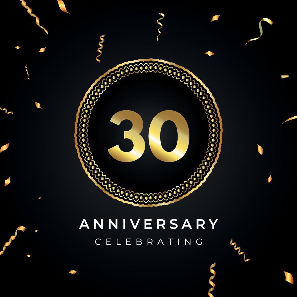 30 years anniversary celebration with circle frame and gold confetti isolated on black background. Vector design for greeting card, birthday party, wedding, event party. 30 years Anniversary logo.