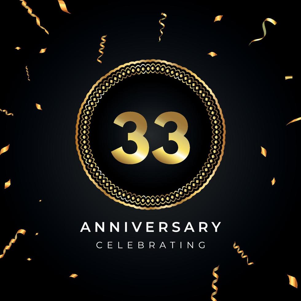 Celebración del aniversario de 33 años con marco circular y confeti dorado aislado en fondo negro. diseño vectorial para tarjetas de felicitación, fiesta de cumpleaños, boda, fiesta de eventos. Logotipo de aniversario de 33 años. vector