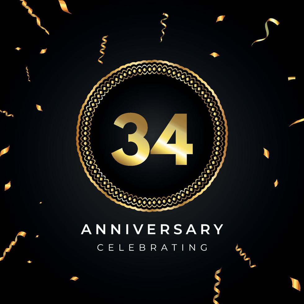 Celebración del aniversario de 34 años con marco circular y confeti dorado aislado en fondo negro. diseño vectorial para tarjetas de felicitación, fiesta de cumpleaños, boda, fiesta de eventos. Logotipo de aniversario de 34 años. vector