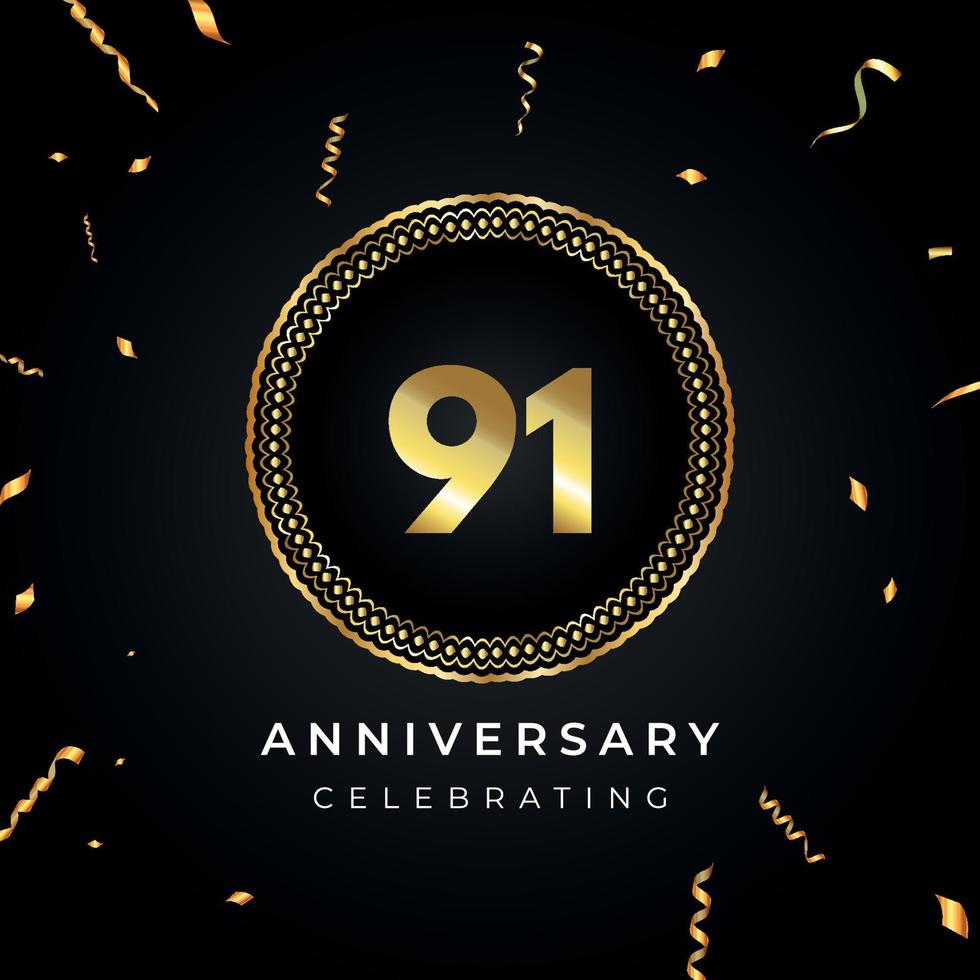 91 years anniversary celebration with circle frame and gold confetti isolated on black background. Vector design for greeting card, birthday party, wedding, event party. 91 years Anniversary logo.