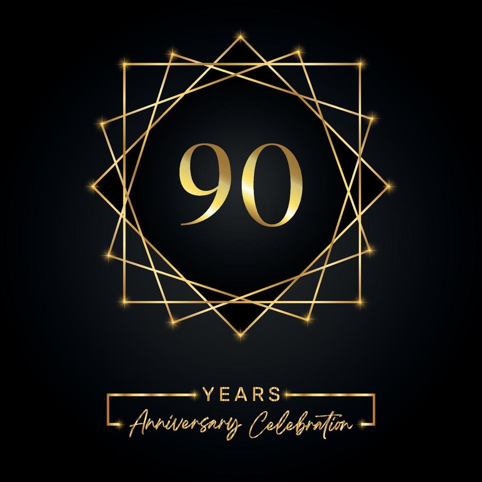 90 years Anniversary Celebration Design. 90 anniversary logo with golden frame isolated on black background. Vector design for anniversary celebration event, birthday party, greeting card.