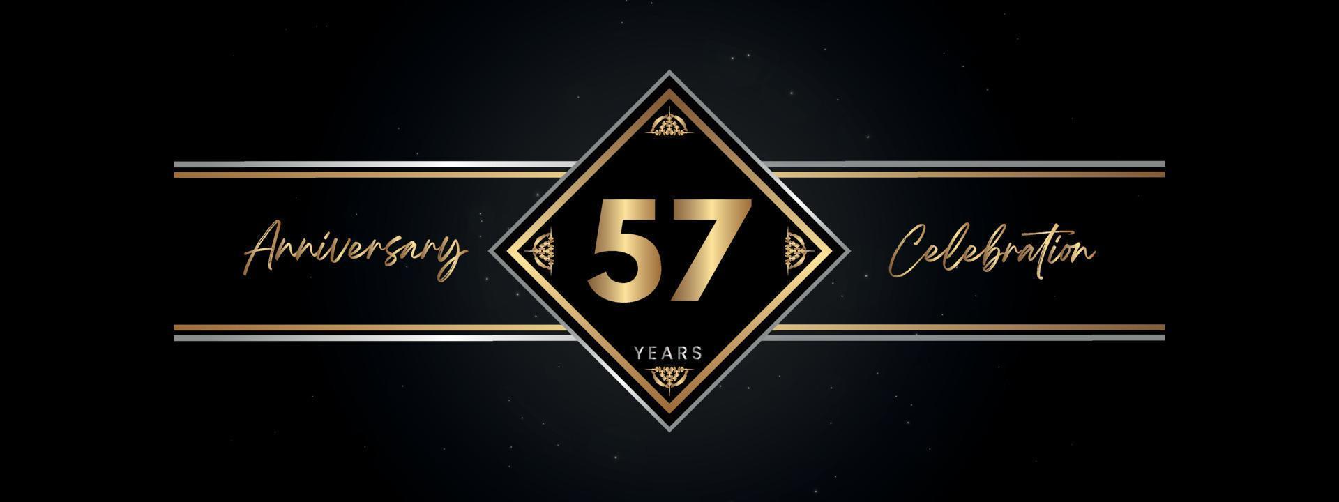 57 años de color dorado de aniversario con marco decorativo aislado en fondo negro para el evento de celebración de aniversario, fiesta de cumpleaños, folleto, tarjeta de felicitación. diseño de plantilla de aniversario de 57 años vector