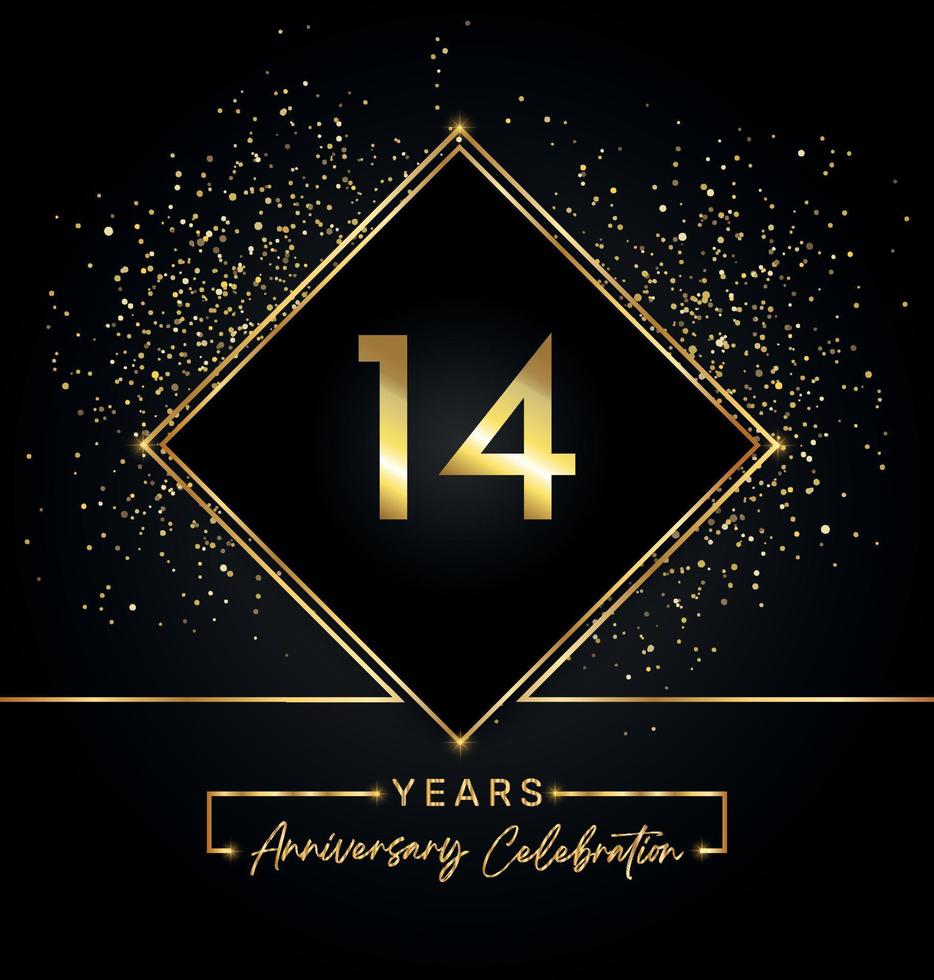 14 years anniversary celebration with golden frame and gold glitter on black background. Vector design for greeting card, birthday party, wedding, event party, invitation. 14 years Anniversary logo.