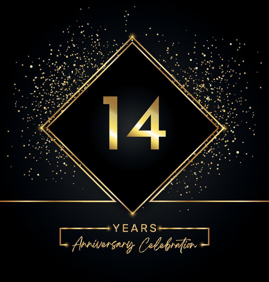 Celebración del aniversario de 14 años con marco dorado y brillo dorado sobre fondo negro. diseño vectorial para tarjetas de felicitación, fiesta de cumpleaños, boda, fiesta de eventos, invitación. Logotipo de aniversario de 14 años. vector