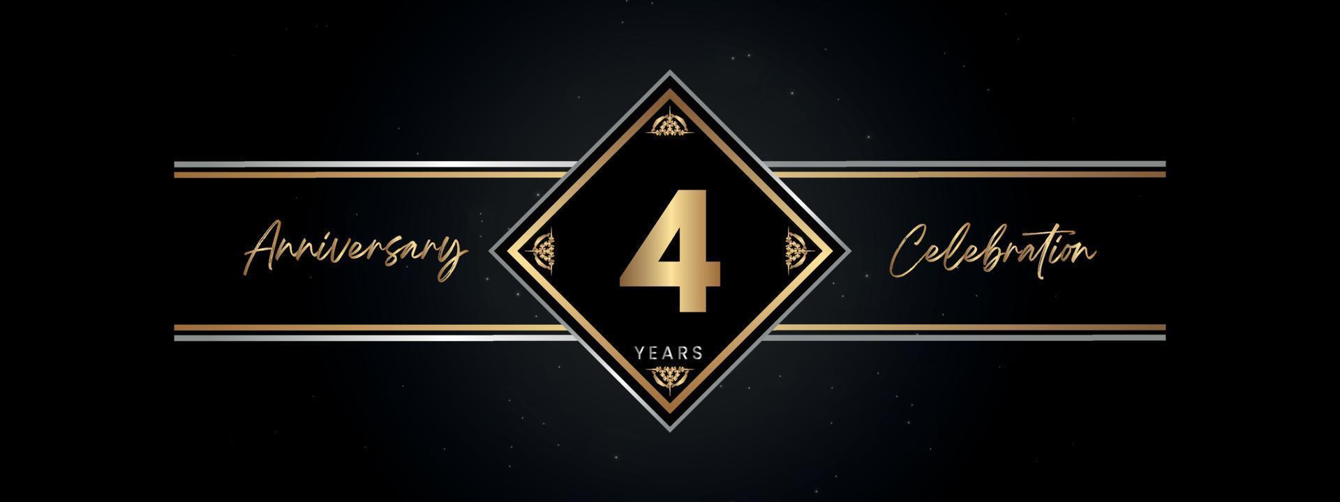 4 años de color dorado de aniversario con marco decorativo aislado en fondo negro para el evento de celebración de aniversario, fiesta de cumpleaños, folleto, tarjeta de felicitación. diseño de plantilla de aniversario de 4 años vector