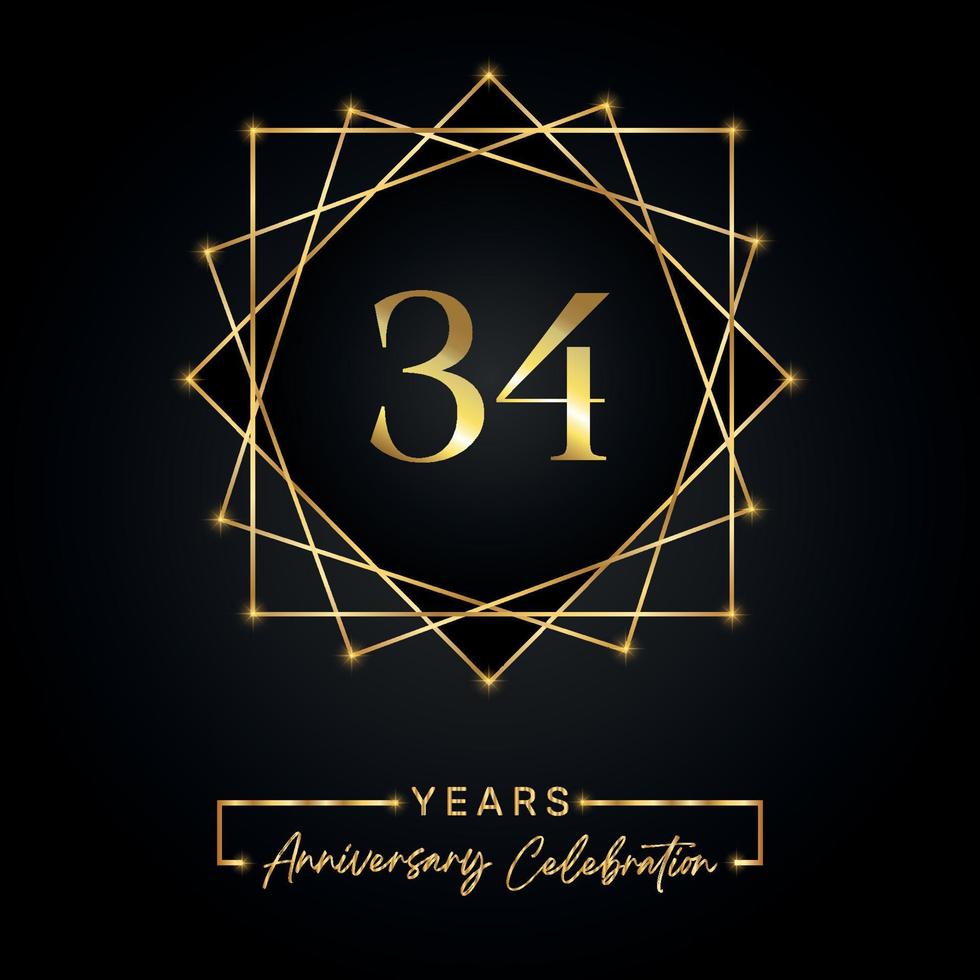 Diseño de celebración de aniversario de 34 años. Logotipo de 34 aniversario con marco dorado aislado sobre fondo negro. diseño vectorial para evento de celebración de aniversario, fiesta de cumpleaños, tarjeta de felicitación. vector