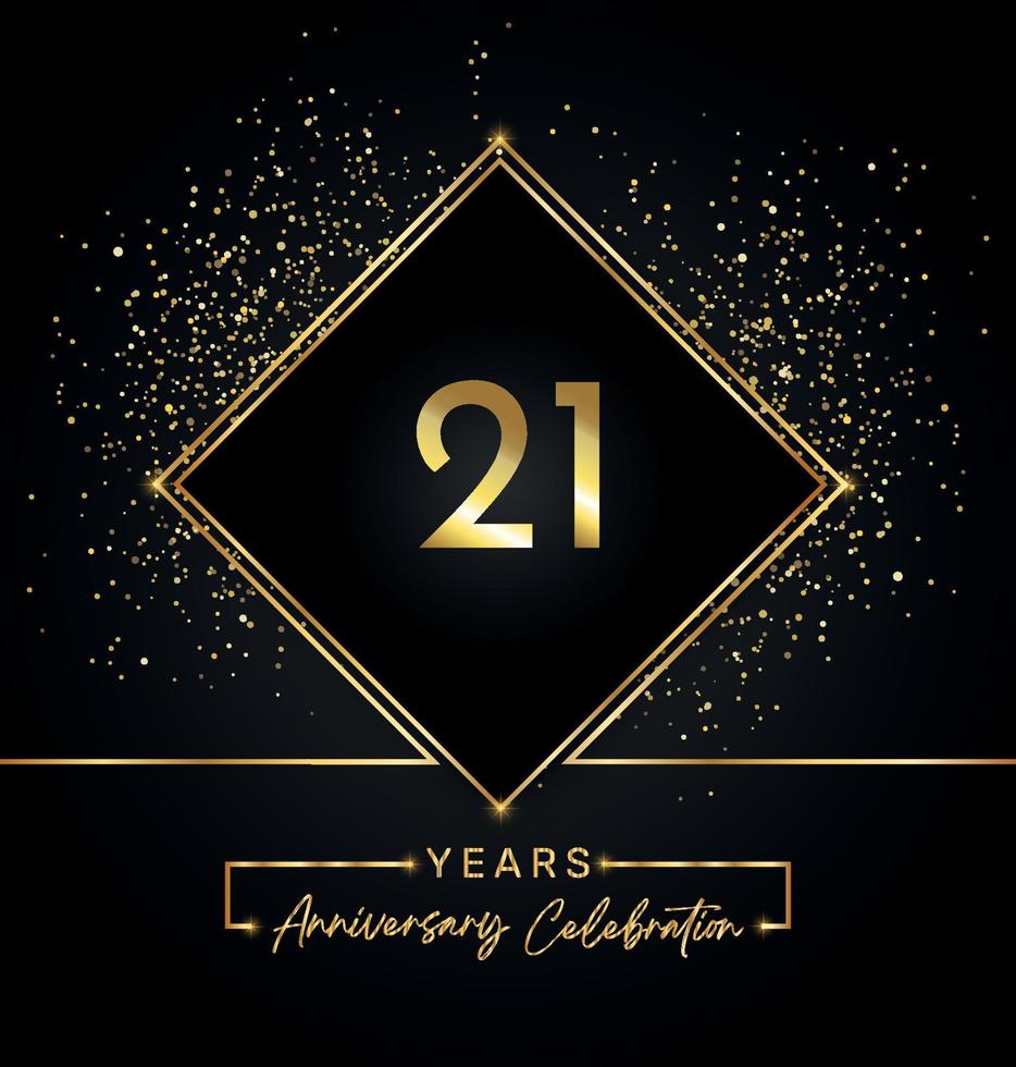 21 years anniversary celebration with golden frame and gold glitter on black background. Vector design for greeting card, birthday party, wedding, event party, invitation. 21 years Anniversary logo.