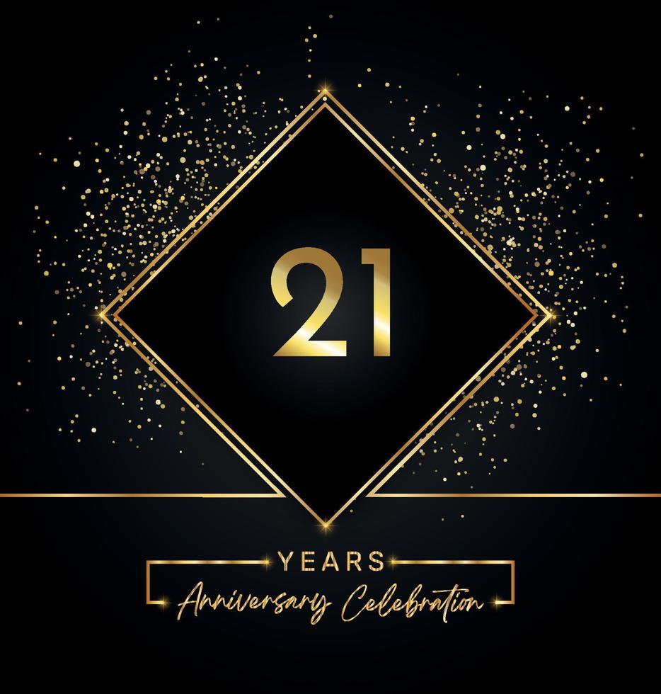 21 years anniversary celebration with golden frame and gold glitter on black background. Vector design for greeting card, birthday party, wedding, event party, invitation. 21 years Anniversary logo.