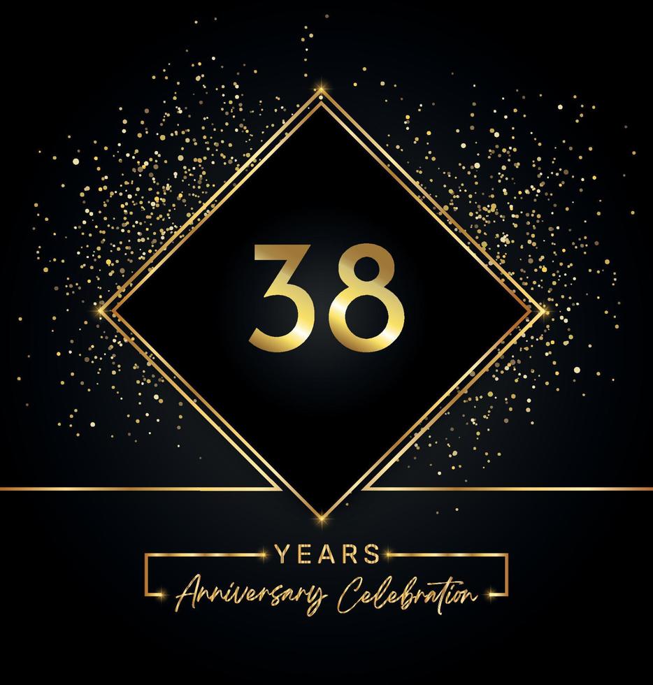 Celebración del aniversario de 38 años con marco dorado y brillo dorado sobre fondo negro. diseño vectorial para tarjetas de felicitación, fiesta de cumpleaños, boda, fiesta de eventos, invitación. Logotipo de aniversario de 38 años. vector