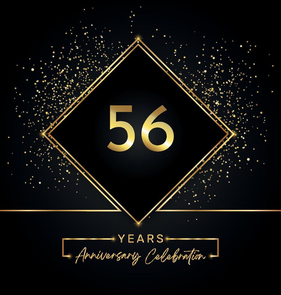 Celebración del aniversario de 56 años con marco dorado y brillo dorado sobre fondo negro. diseño vectorial para tarjetas de felicitación, fiesta de cumpleaños, boda, fiesta de eventos, invitación. Logotipo de aniversario de 56 años. vector