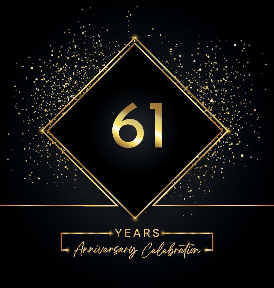 61 years anniversary celebration with golden frame and gold glitter on black background. Vector design for greeting card, birthday party, wedding, event party, invitation. 61 years Anniversary logo.