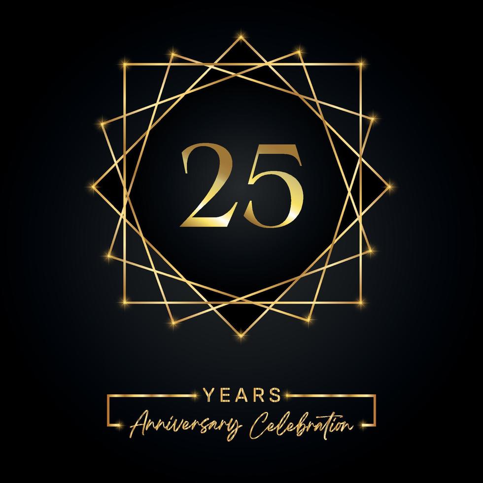 25 years Anniversary Celebration Design. 25 anniversary logo with golden frame isolated on black background. Vector design for anniversary celebration event, birthday party, greeting card.