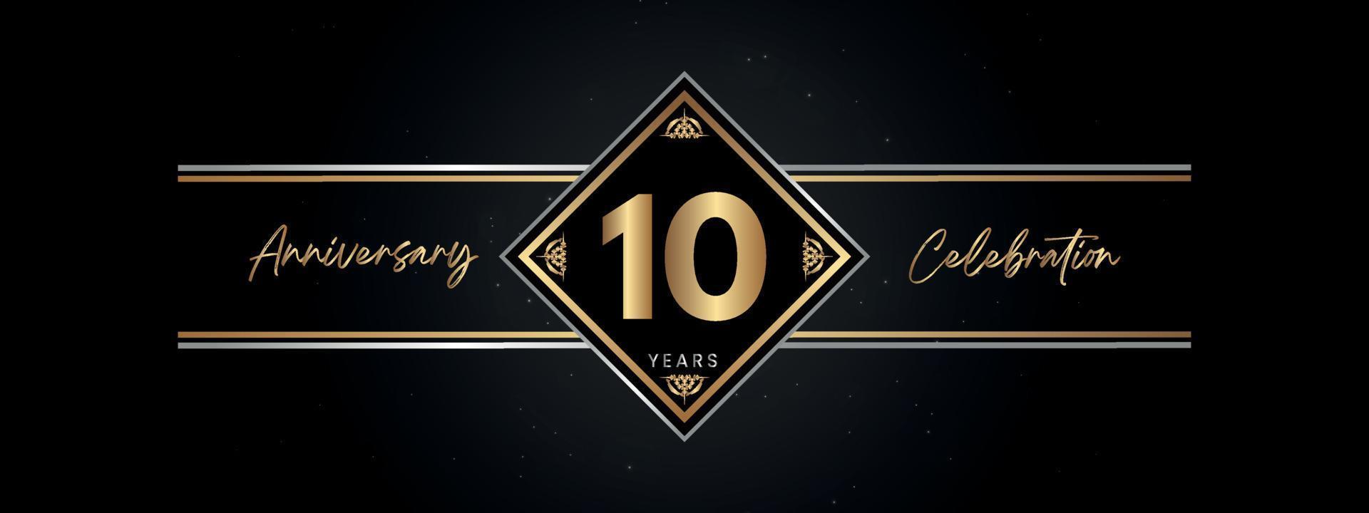 10 years anniversary golden color with decorative frame isolated on black background for anniversary celebration event, birthday party, brochure, greeting card. 10 Year Anniversary Template Design vector