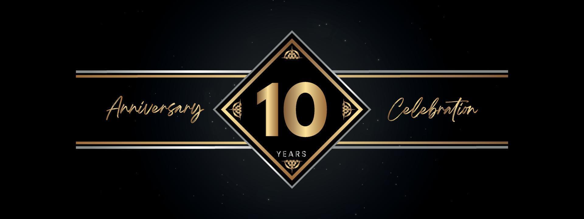 10 años de color dorado de aniversario con marco decorativo aislado en fondo negro para el evento de celebración de aniversario, fiesta de cumpleaños, folleto, tarjeta de felicitación. diseño de plantilla de aniversario de 10 años vector